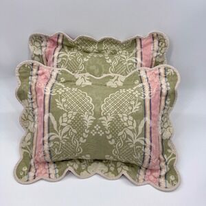 Jane Wilner Scalloped Floral Pillows Green & Pink Cottage Accent Set of 2